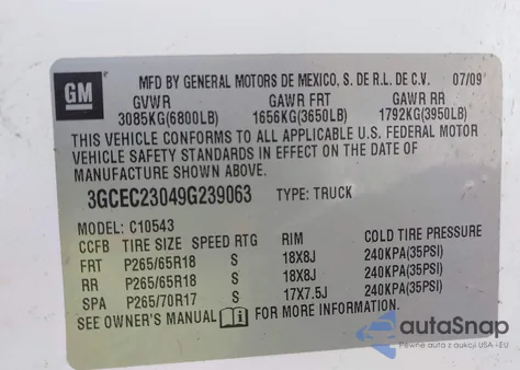 2009 Chevrolet Silverado 1500 Lt from USA, damaged, VIN 3GCEC23049G239063